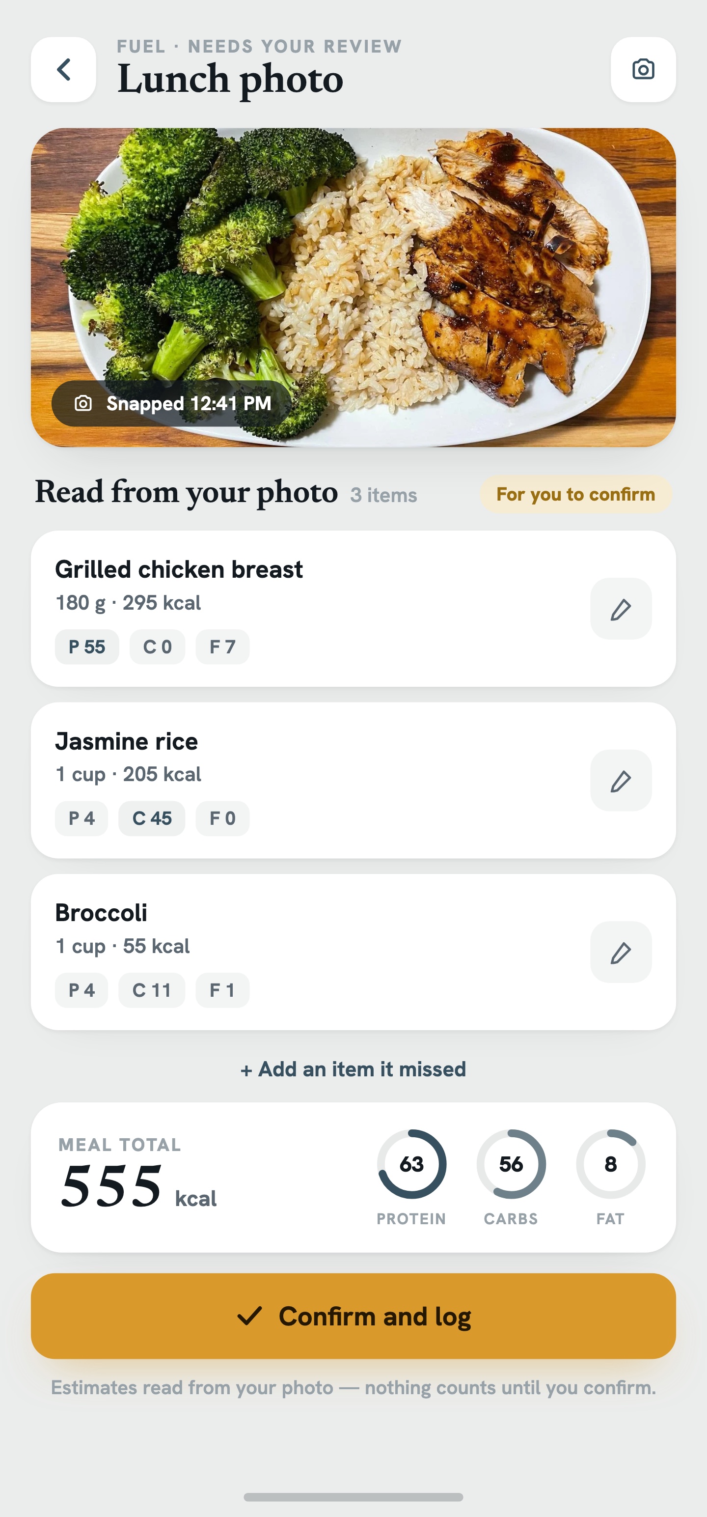 Fuel: snap a photo or describe a meal, then confirm the items and macros.
